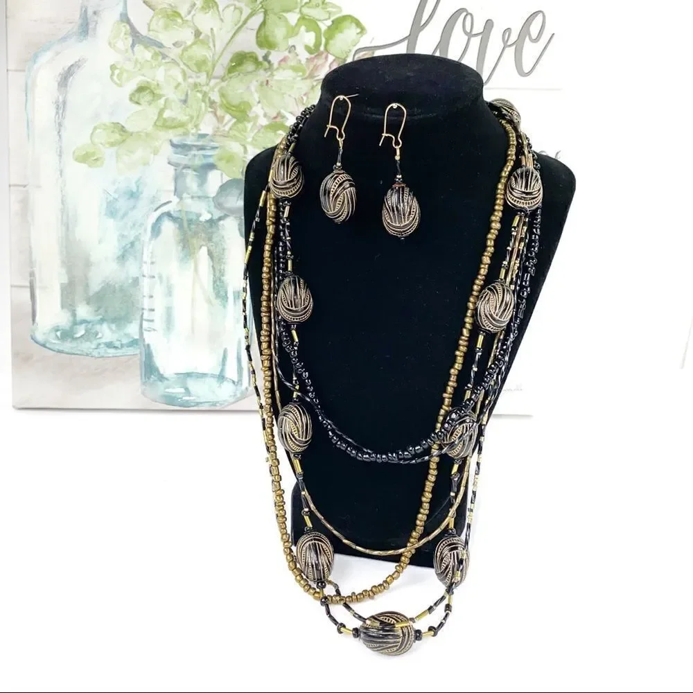 Boho Multi Strand Necklace & Earrings‎ Black Gold
